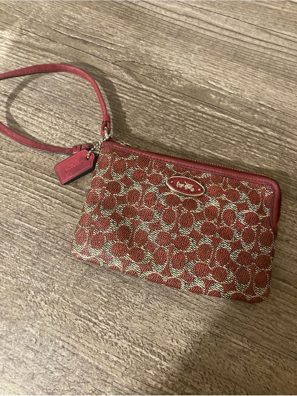 Coach Red Signature Jacquard Wristlet with Leather Trim